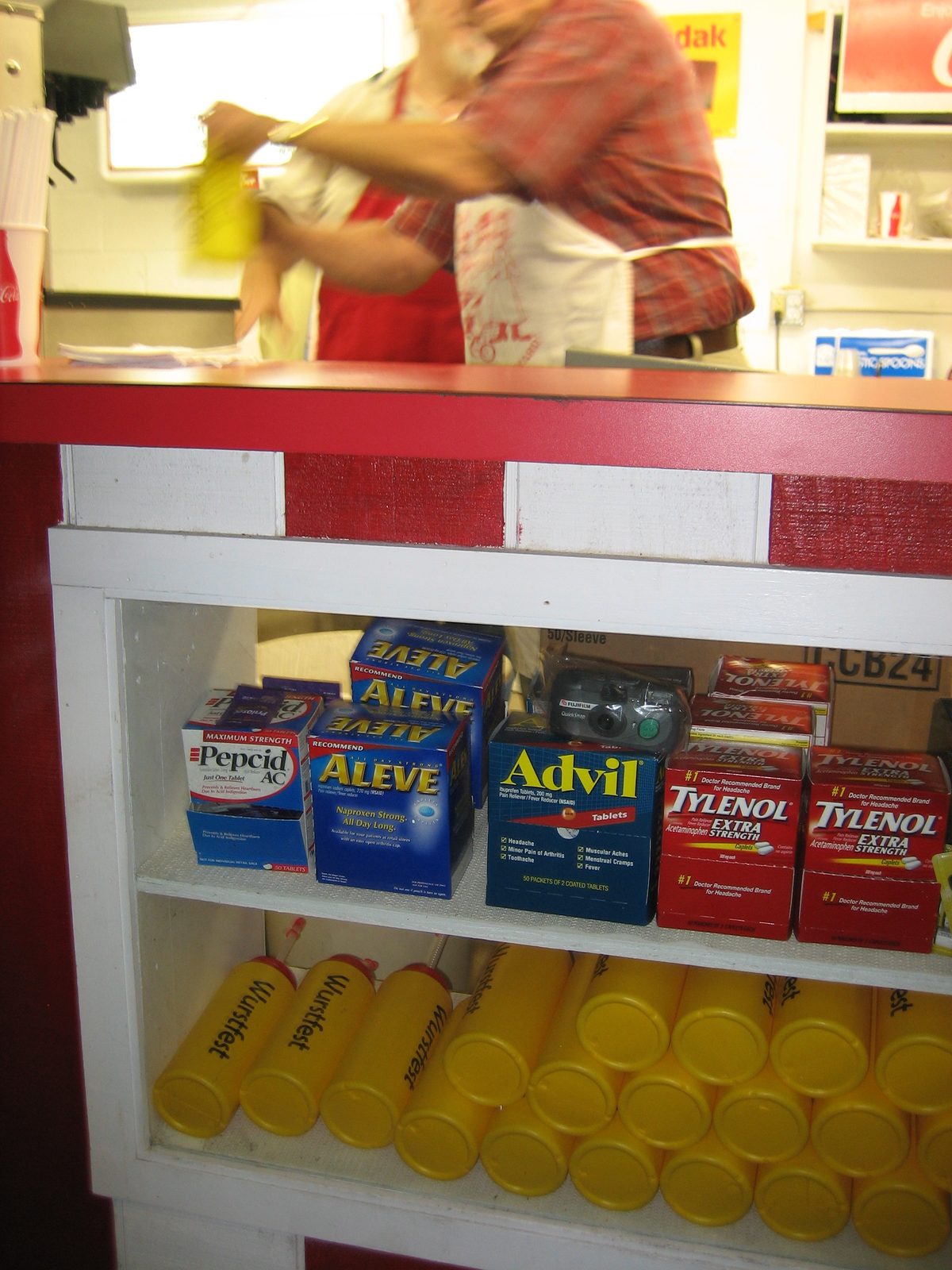 One mart sold ice cream, but also Advil, Tylenol, Aleve, and, most appropriately, Pepcid AC.