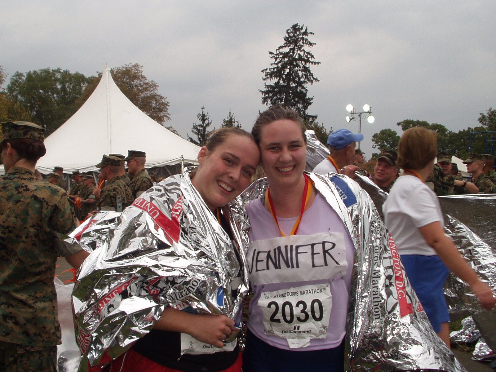 Anna and Jennifer, post-Marathon (the silver blanket-y things somehow keep you really nice and warm).