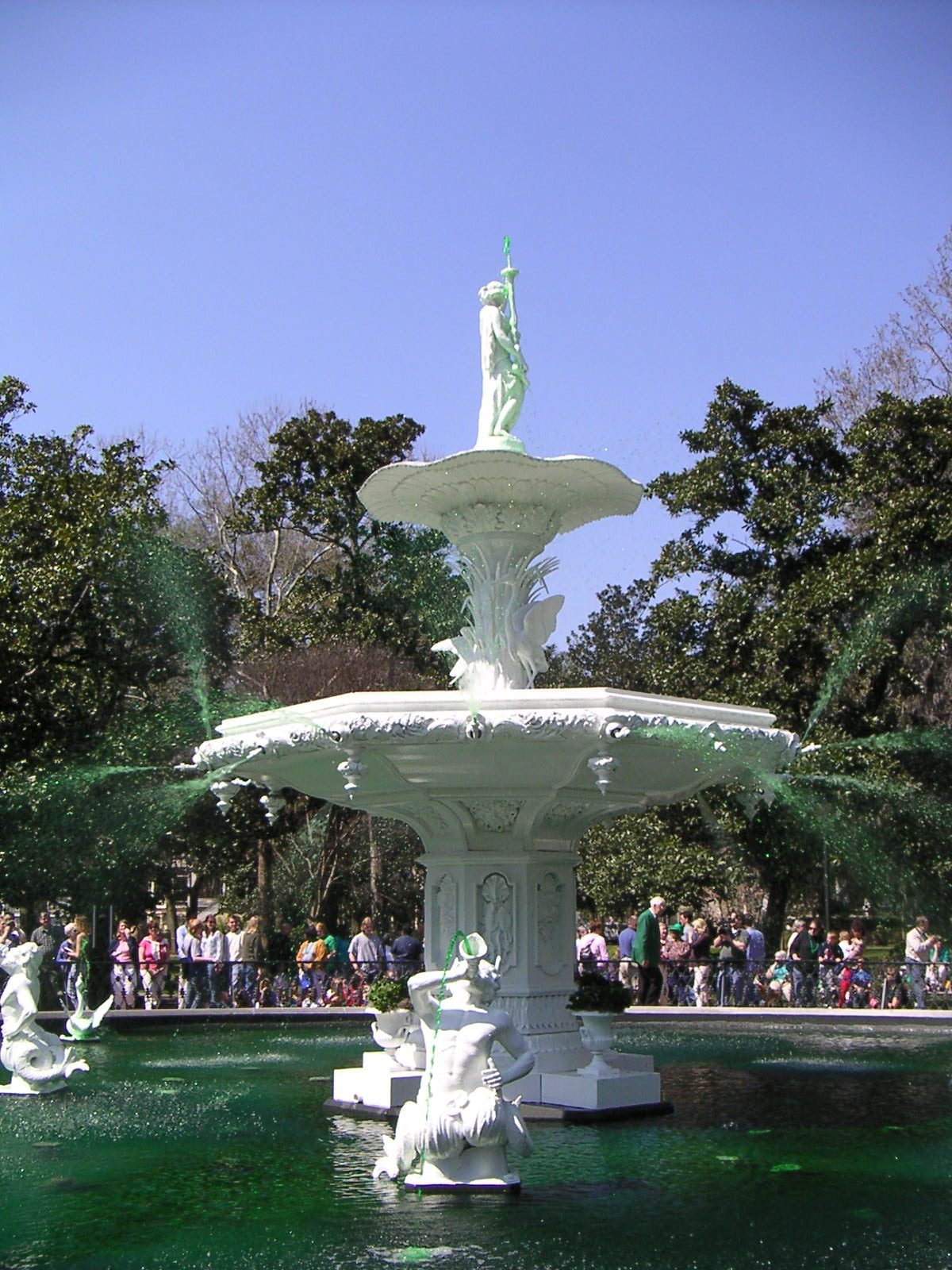 The fountain, now spraying green water!