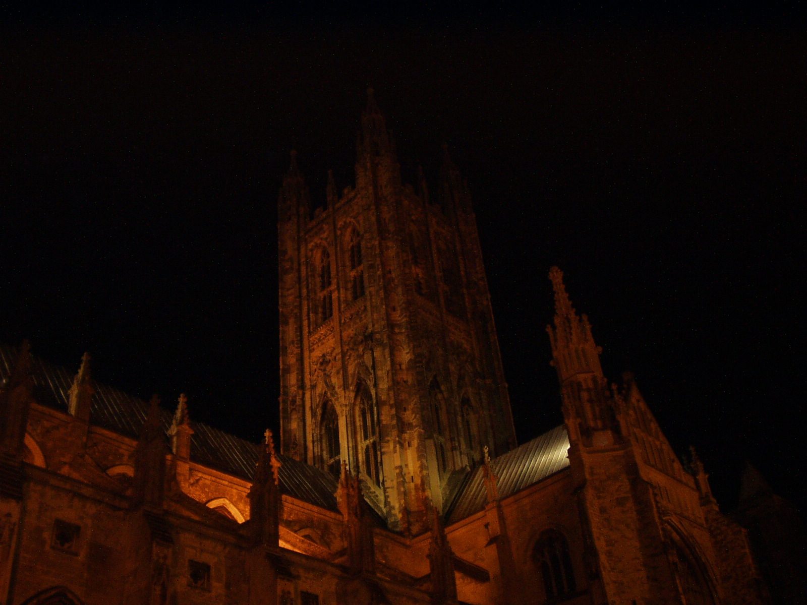 The cathedral lit up at night.