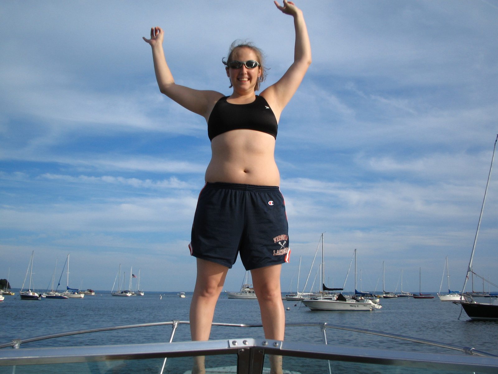 Catherine on the bow, heading out of the Darien harbor.
