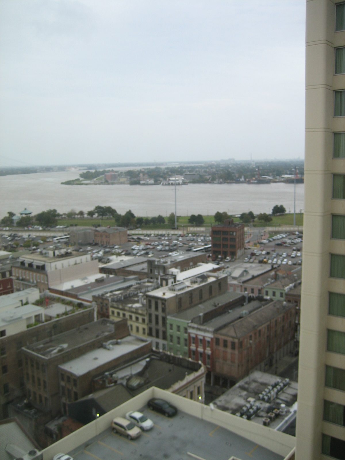 Looking out of the hotel window towards the Mississippi.  The flow direction is towards the...