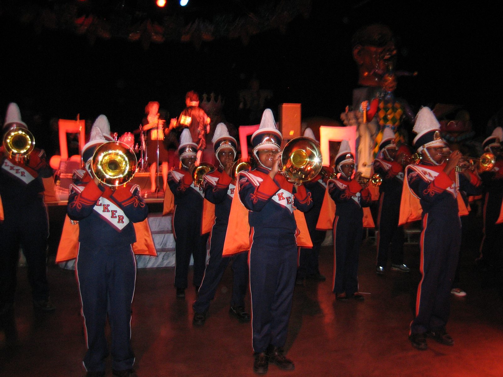 High school students (or so I assumed) being the "band" in the "Mardi Gras parade" at Mardi Gras World.