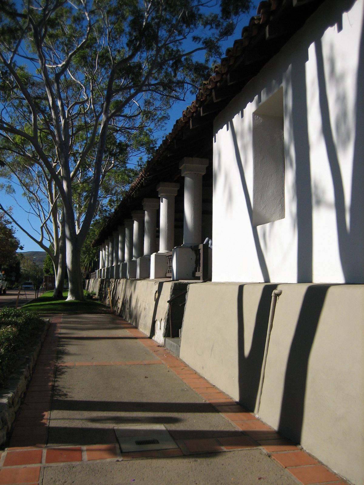 Looking down a colonnade at the Mission. 