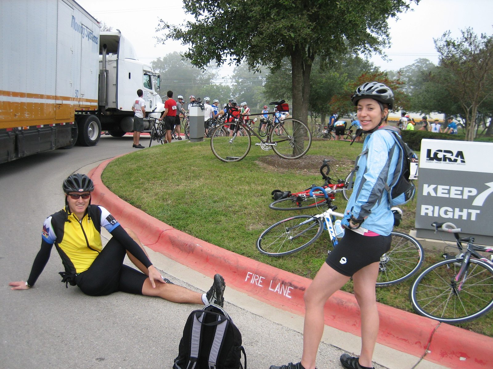 Mike and Kate (both employees of Walter P. Moore in town, and UT FSEL grads) stretching and...