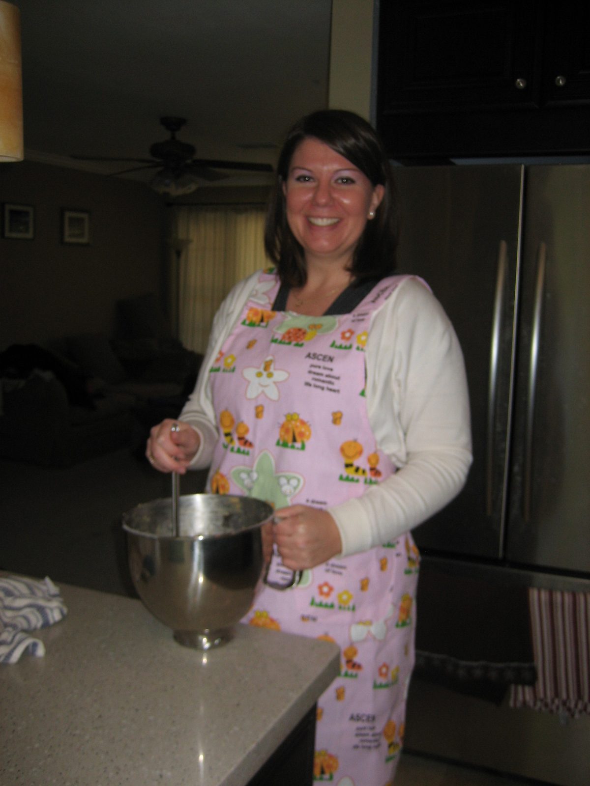 My friend Mary, borrowing my apron from Christmas last year.  She wanted proof that she was...