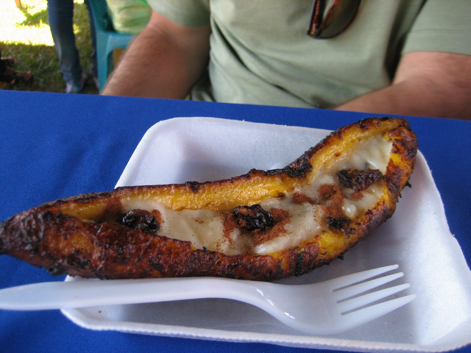 Jay's fried plantain with creme, cinnamon, and raisins.