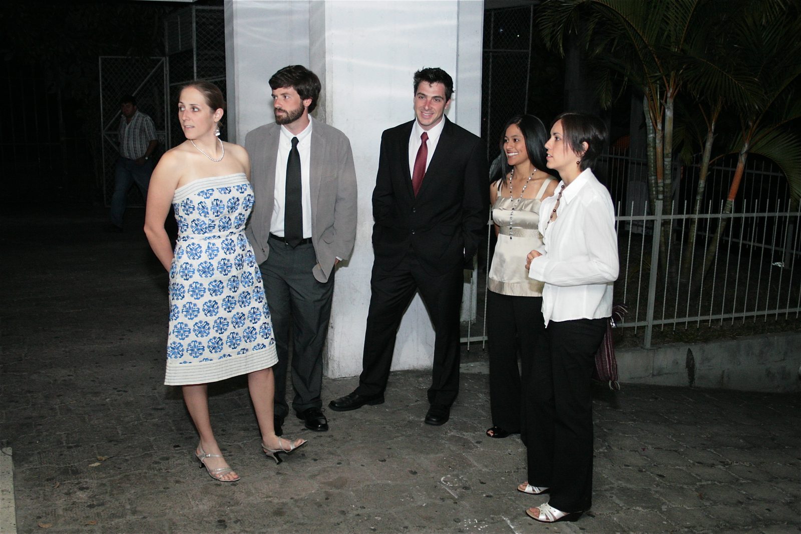 Catherine, Jay, Freddy, and two friends of Daisy and Joe's outside the wedding, waiting on the...