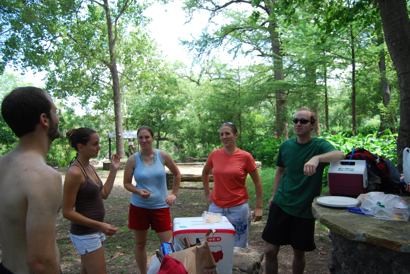 James, Nancy, Kerry, Catherine, and Matt hang out in the picnic area.