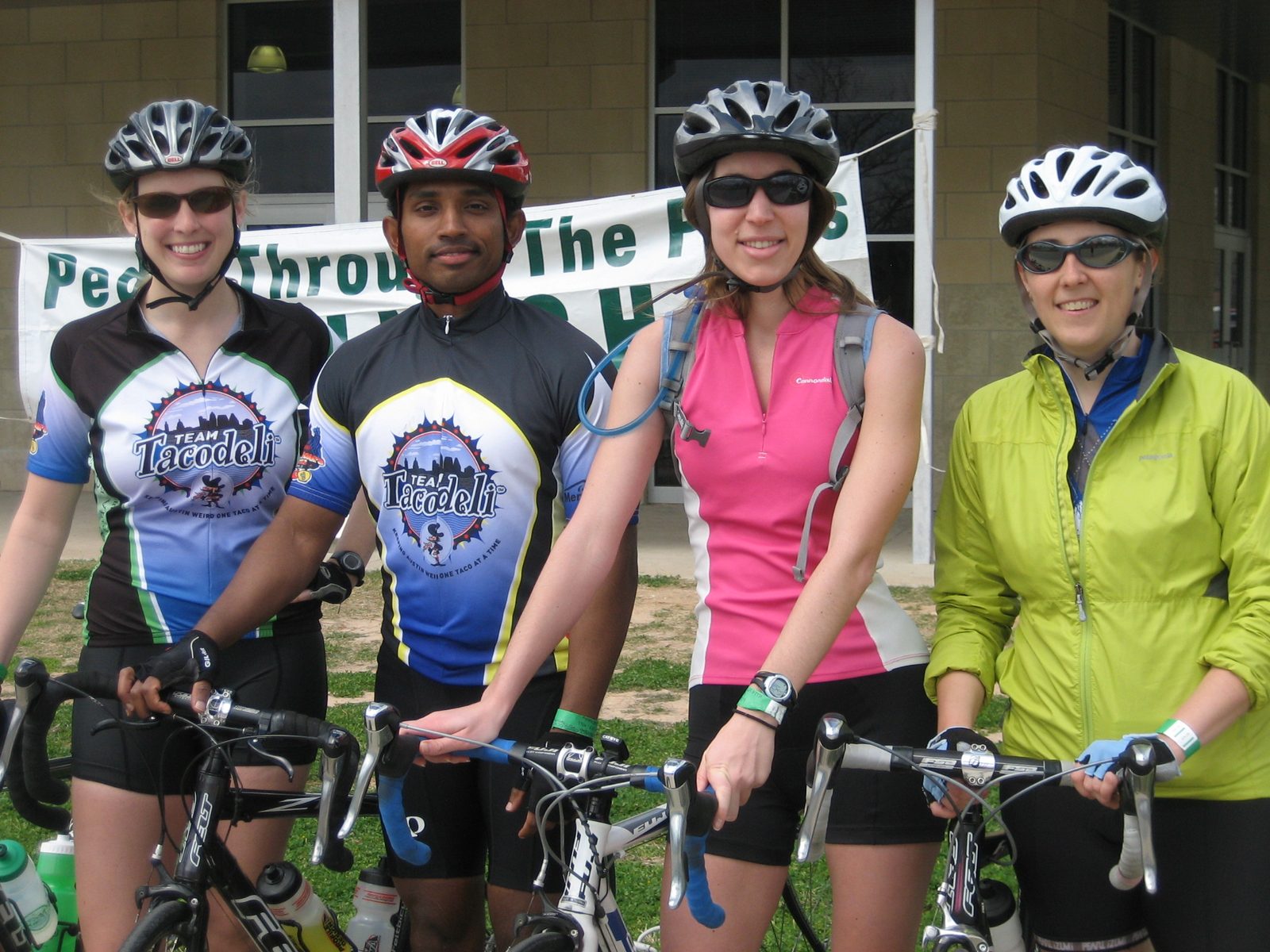 Kelsey, Susendar, Kate, and Catherine, having finished the ride.