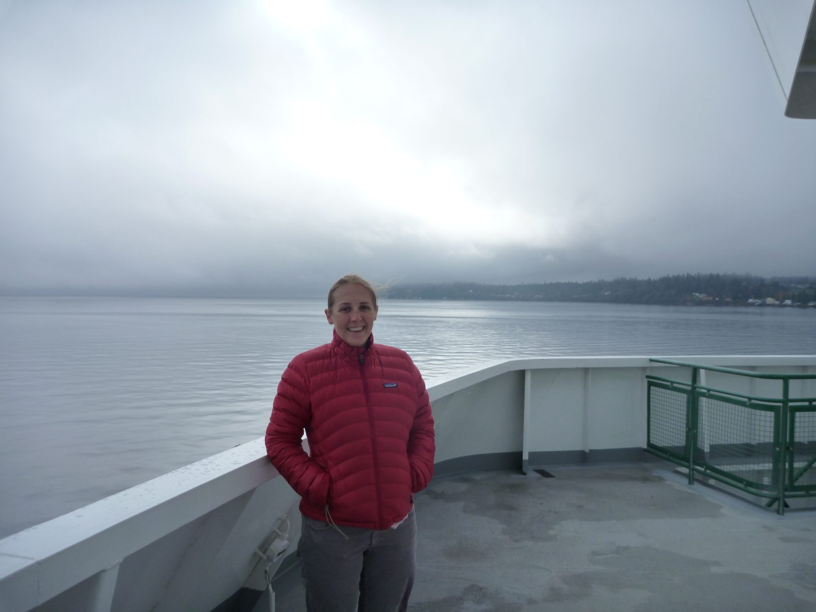 Catherine on the very windy, very cold bow of the Puyallup.