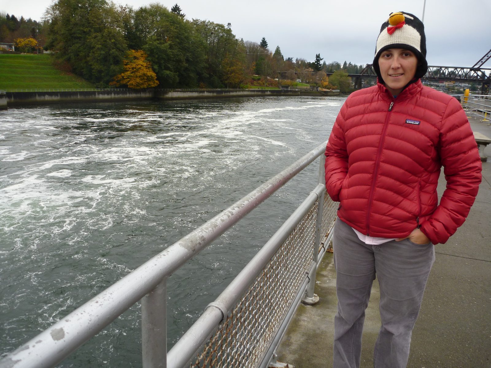 Catherine, trying not to be sick at the spillway at the Chittenden Locks in Ballard.