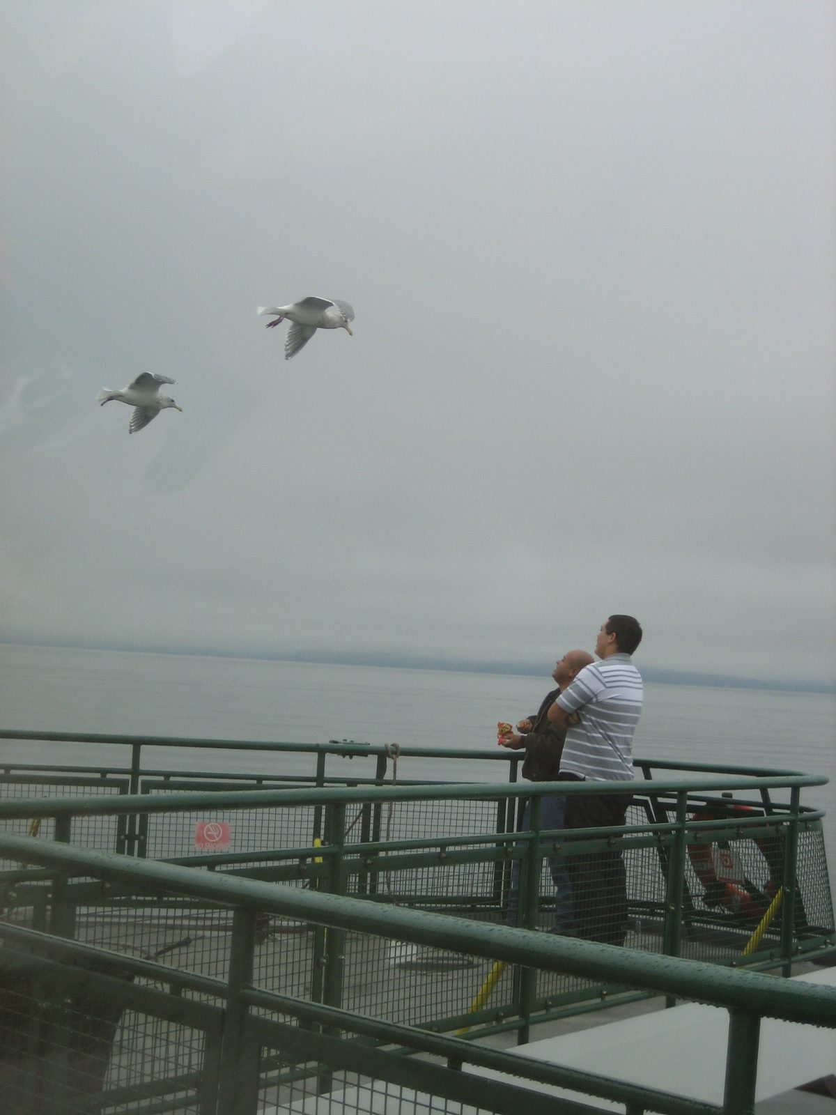 The fellow in black bought a bag of cheetos, stood out on the front of the boat, and tossed them...
