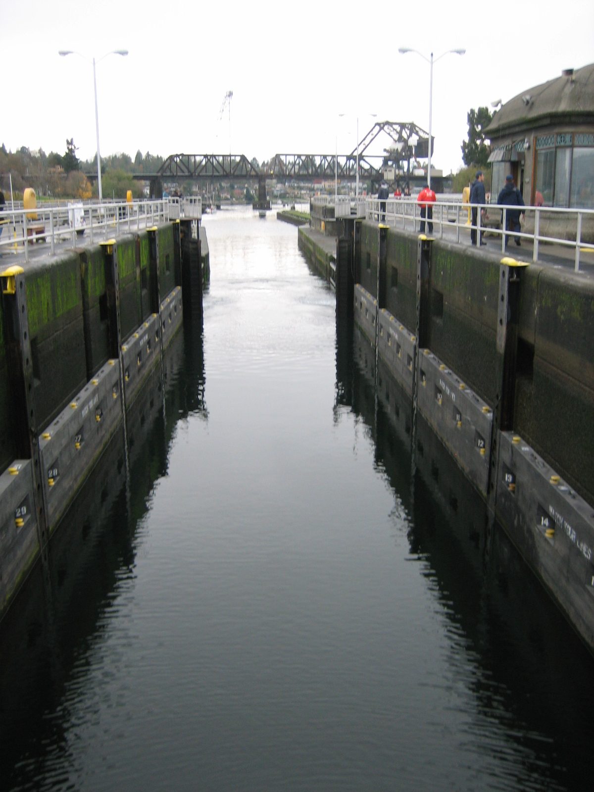 The small lock ready to accept boats from the Sound.  There is apparently a crazy system in the...