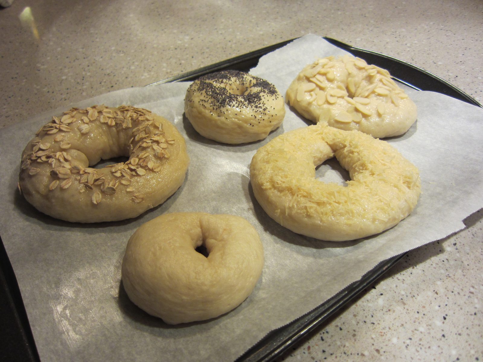 Jay's five bagels: oatmeal poppyseed, almond, plain, and asiago cheese.
