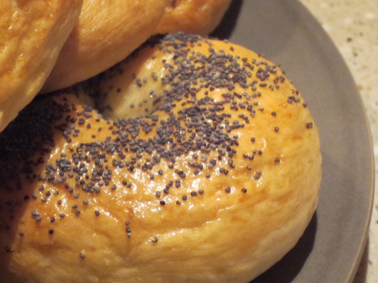 Close-up of the poppyseed bagel post-baking.