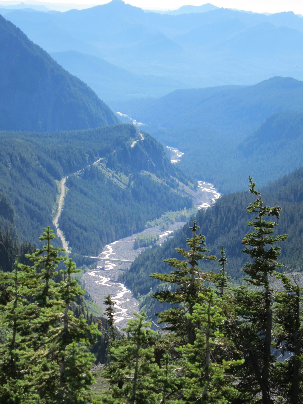 Remember that huge steel bridge?  There it is way down there.  The road to Paradise goes to the left.