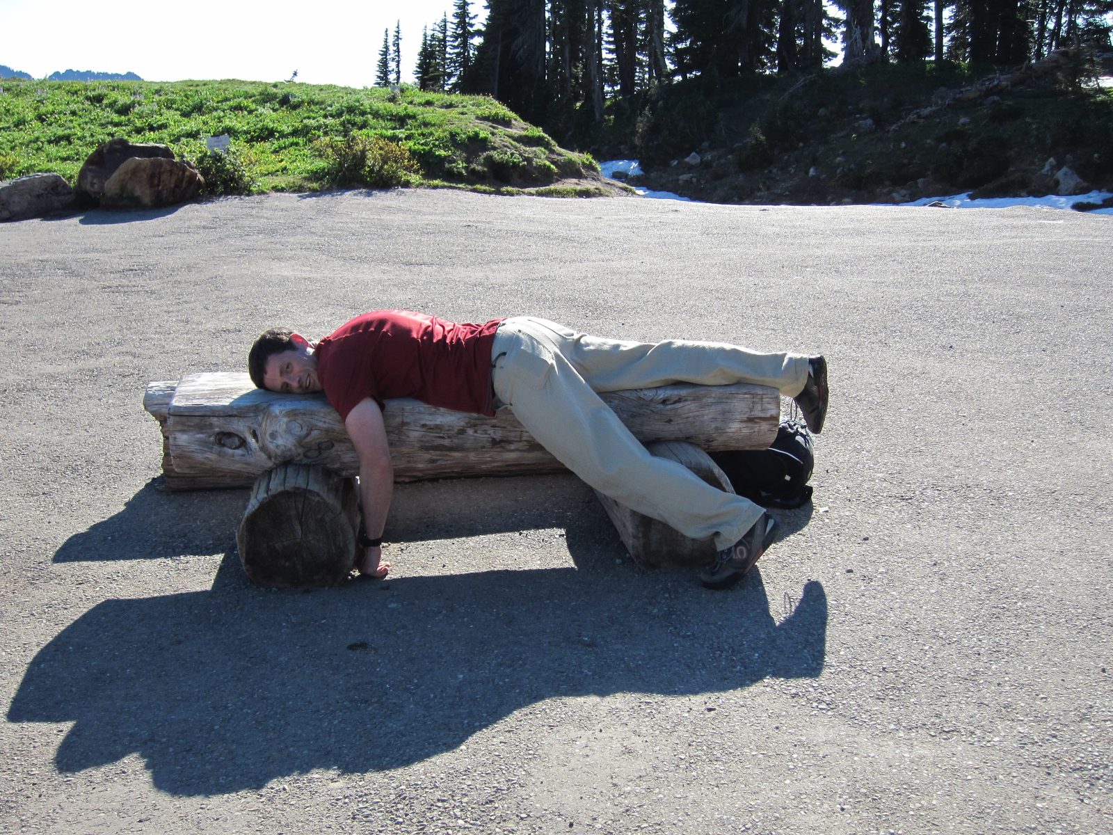 One tired hiker paused for a nap on the trail...