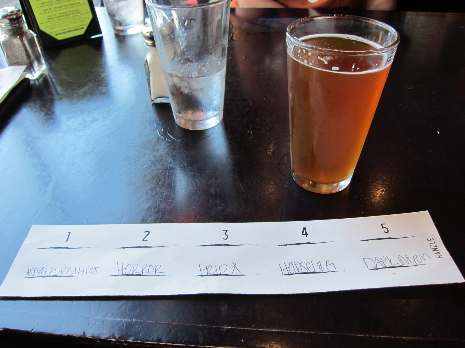 Now, next to my list of beers is a pint of what I actually came for -- Night Owl Pumpkin Ale. ...