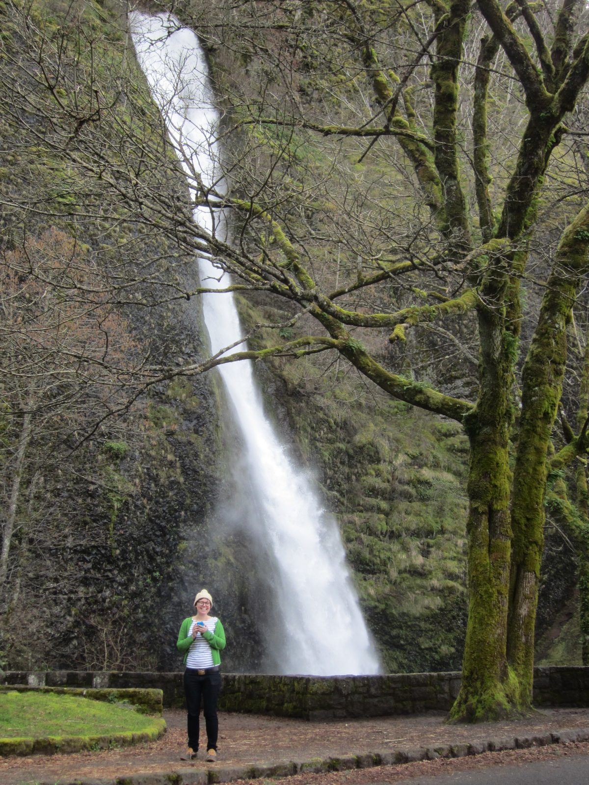 Emily with Horsetail Falls behind her.