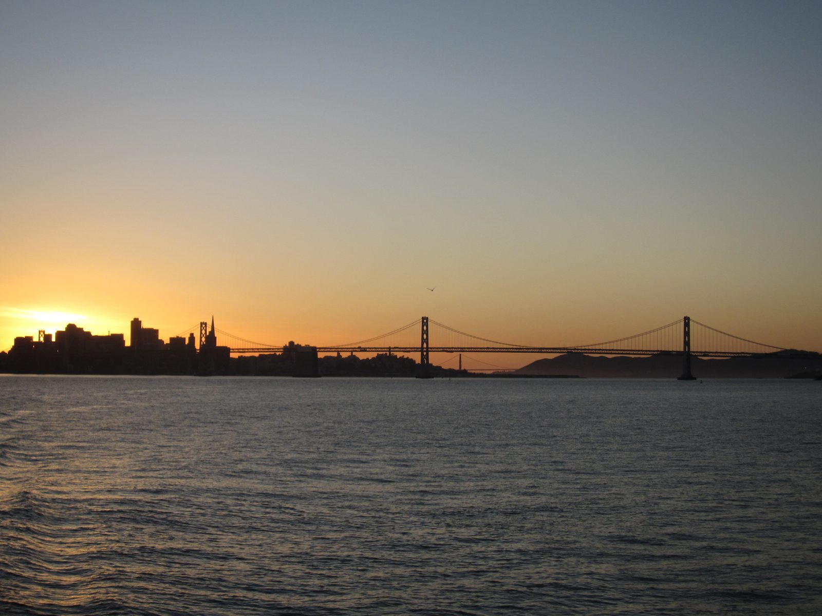 San Francisco, the Bay Bridge, and the Golden Gate Bridge in the far back.