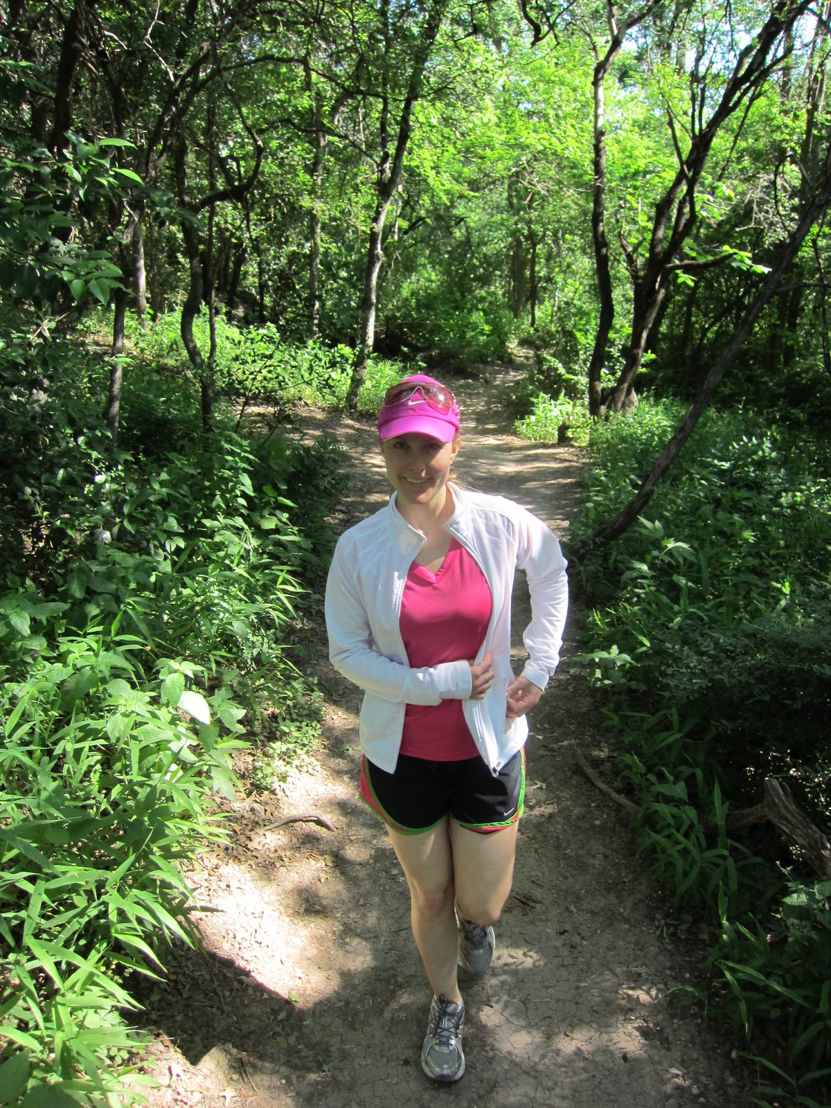 Diana hiking in the Greenbelt in her watermelon shorts.