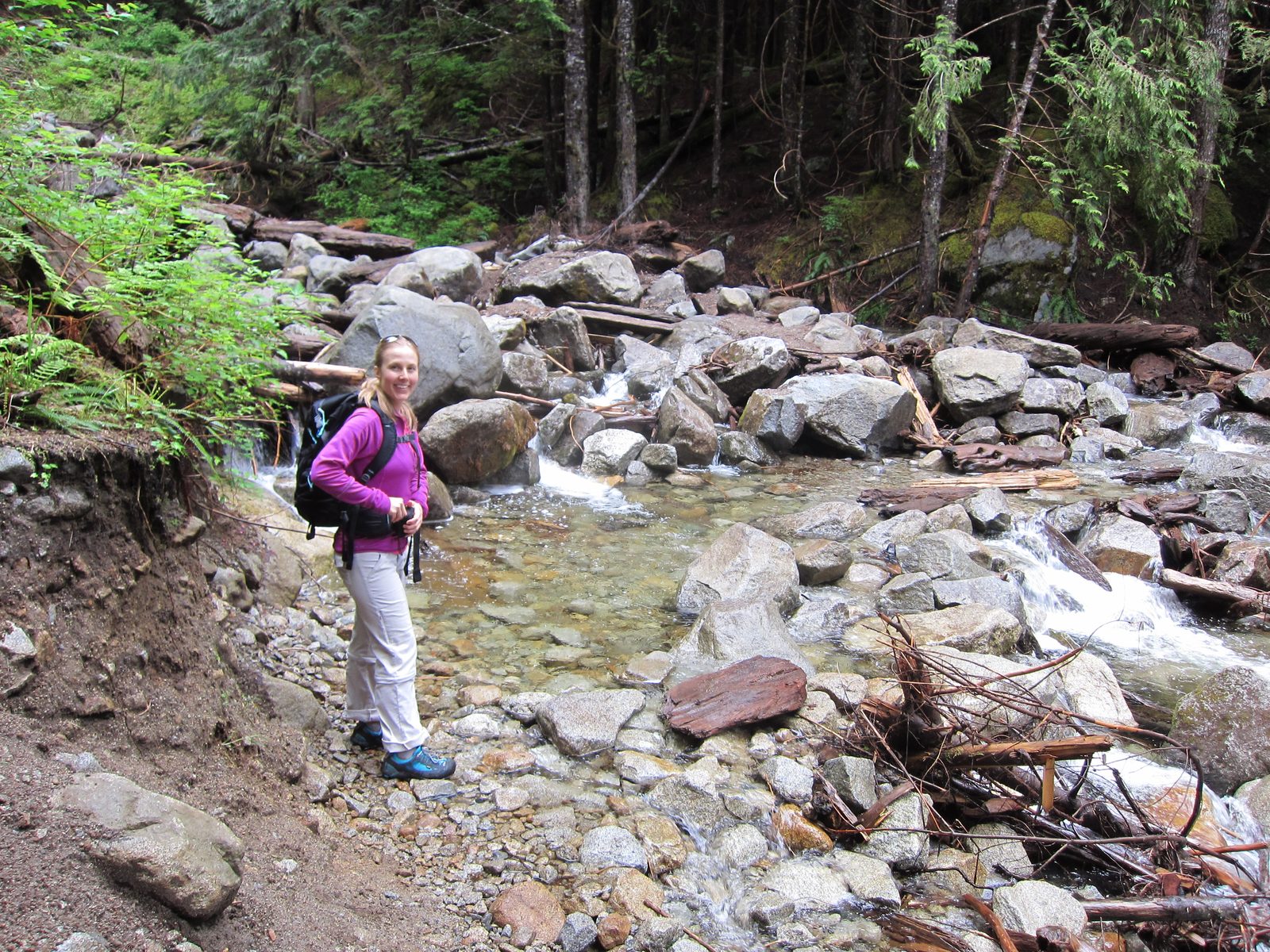 Diana by another stream crossing, this one without a bridge.