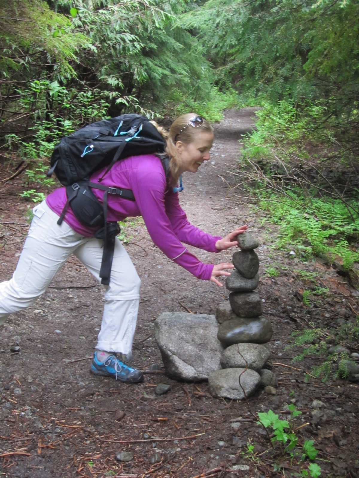 We had been told of the pile of rocks at the turn.  Here, Diana debated causing trouble...