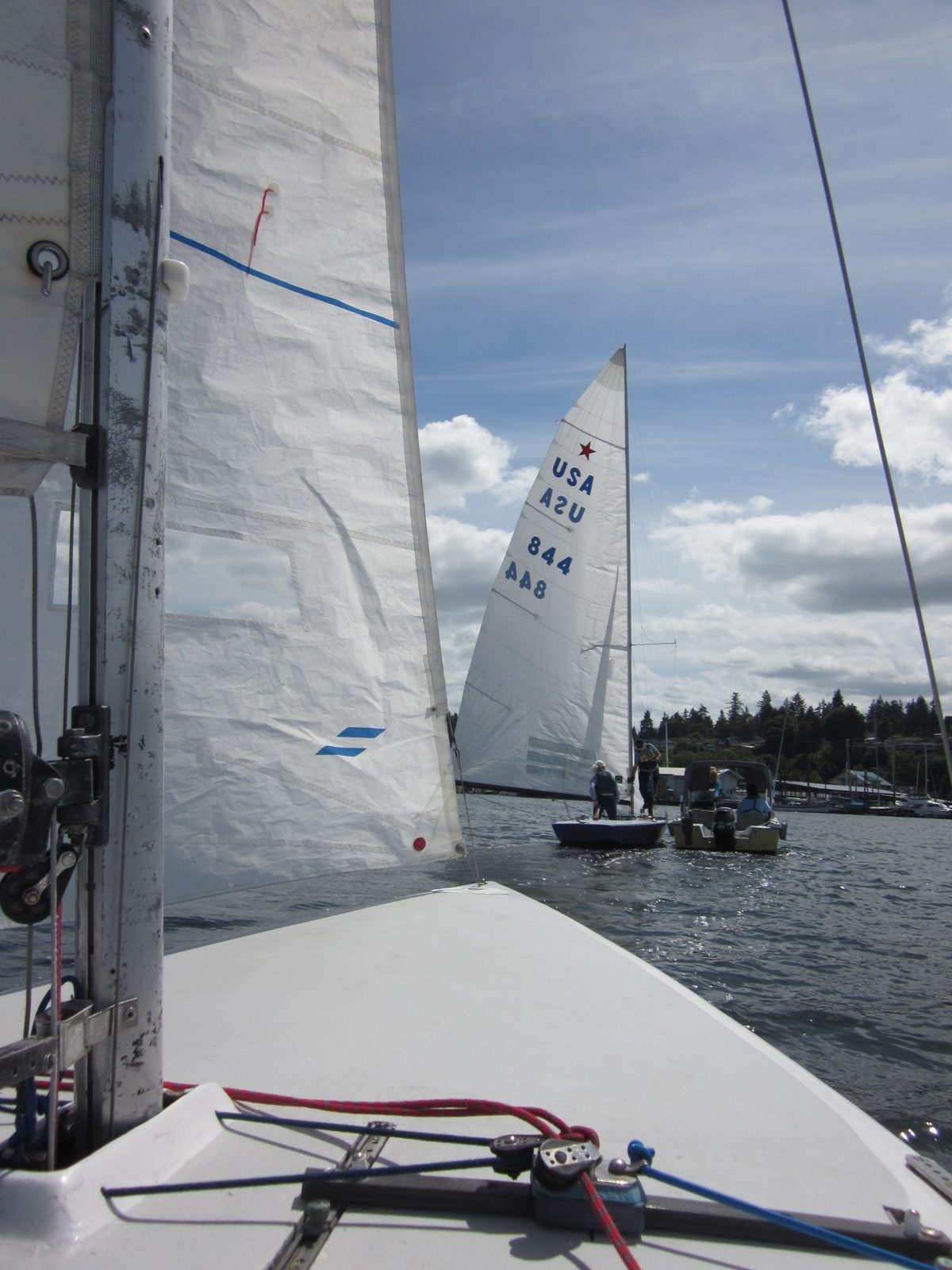 Looking over the bow at our crash boat / instructor and another boat that was switching out crews.