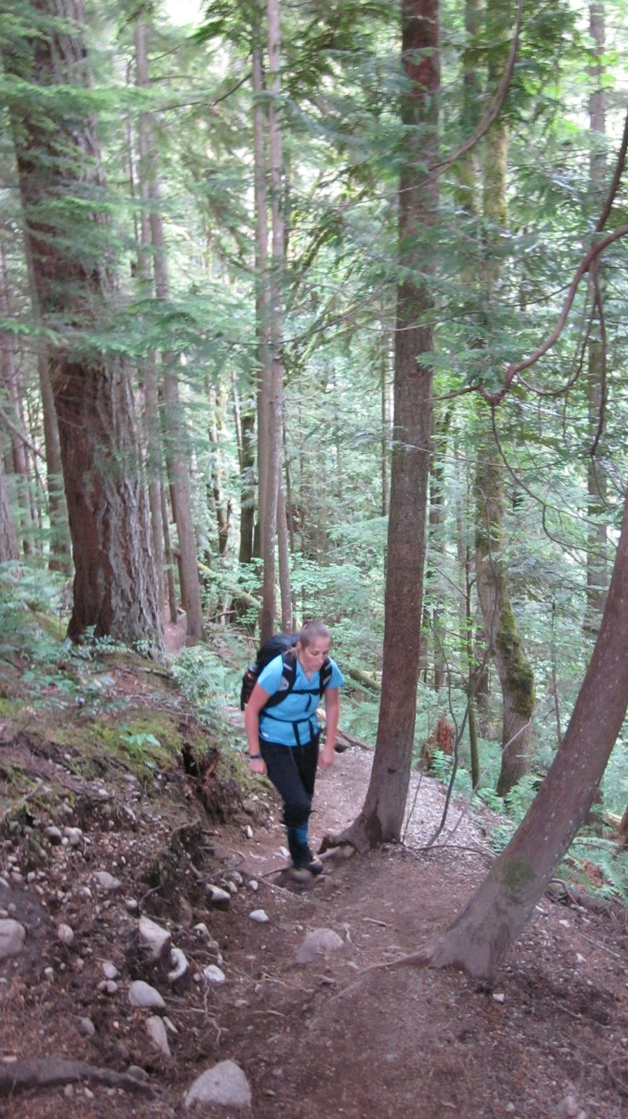 Catherine hiking up the trail.  I guess Diana's camera is set on a panoramic view.