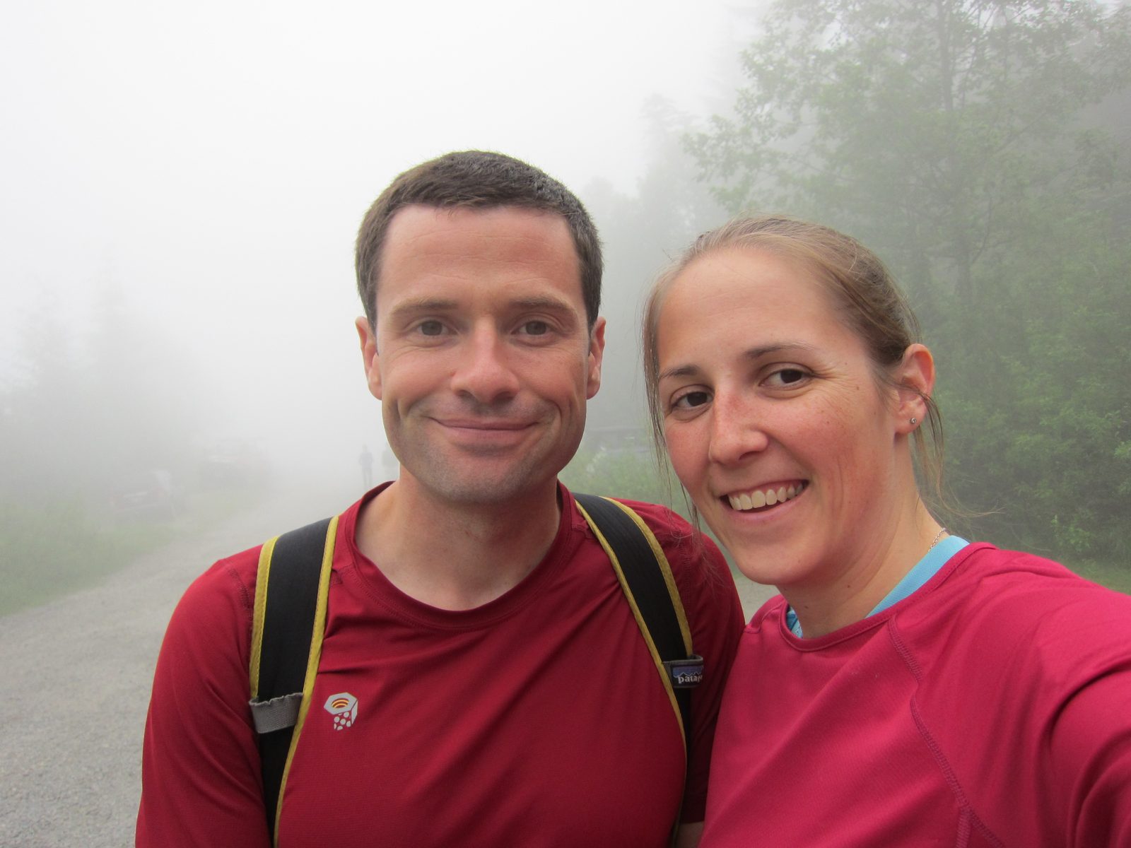 Awkward picture of two hikers heading out.