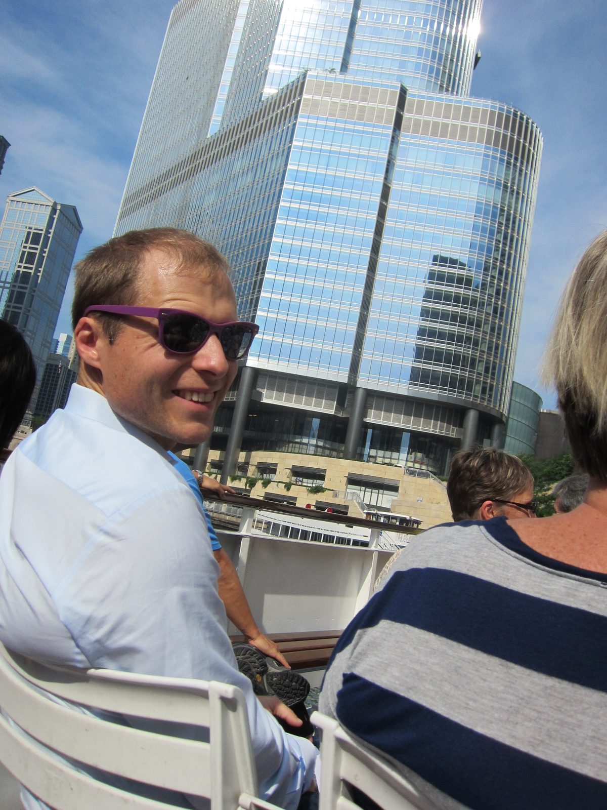 John and Mom's shoulder in front of the new Trump tower in Chicago.
