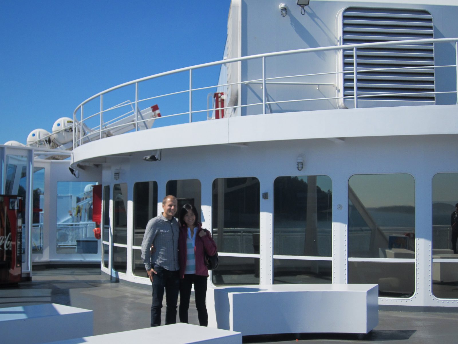 John and Monica on the sun deck of the Spirit of British Columbia.  This is where we apparently...