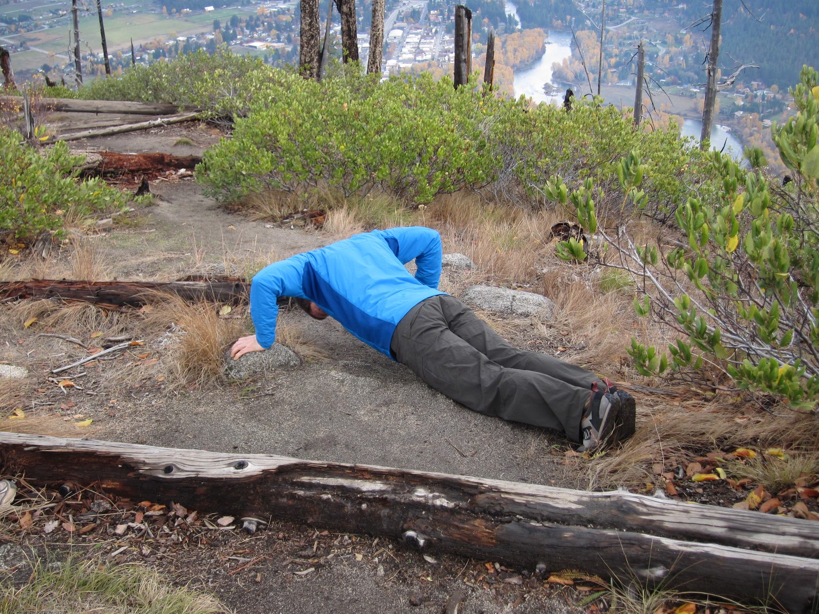 Jay decided the hike worked out his legs, it was necessary to now work out his arms / chest /...