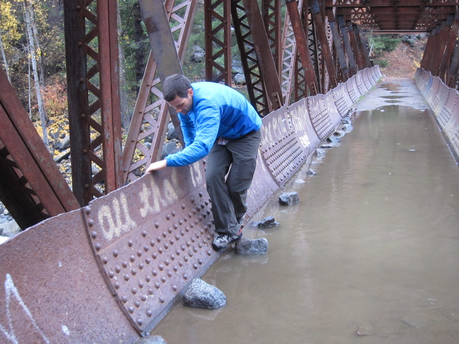 The bridge had a bit of a flooding problem... previous hikers had laid out rocks so you could...