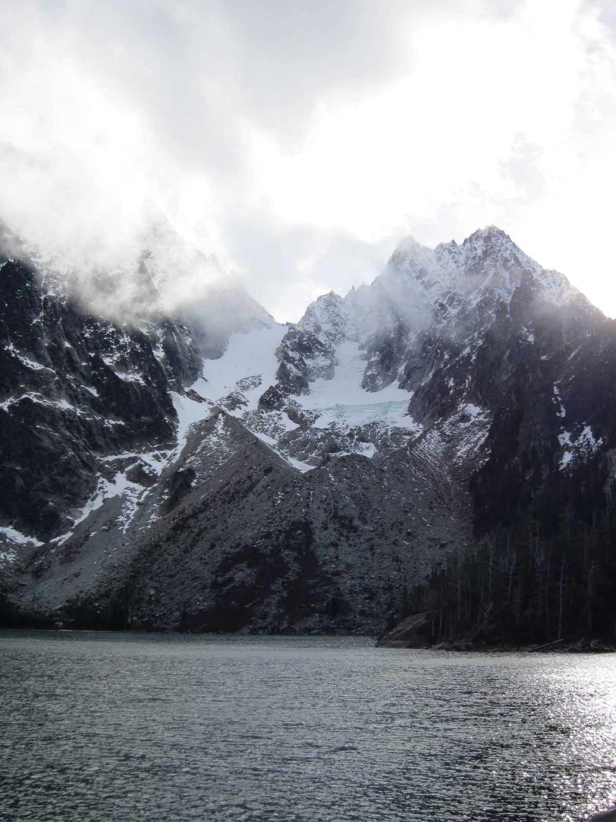 The (shrinking) Colchuck Glacier, with Colchuck Peak (8705 ft) to the right.