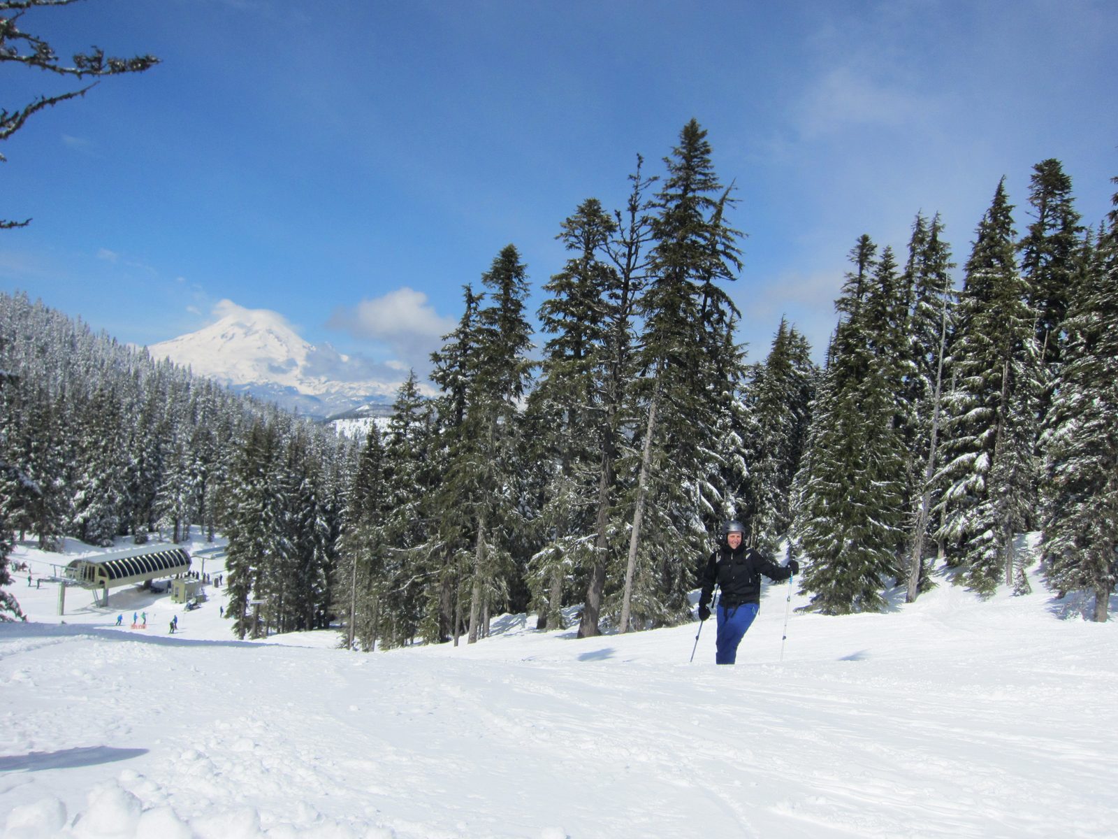 Catherine, Mt Rainier, and the base of the Couloir Express.