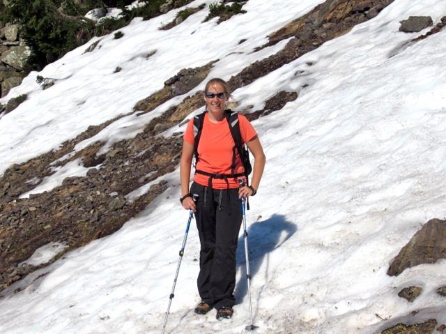 Making my way across a snowy patch.  My hiking poles and Yaktrax were very useful (thanks John!).