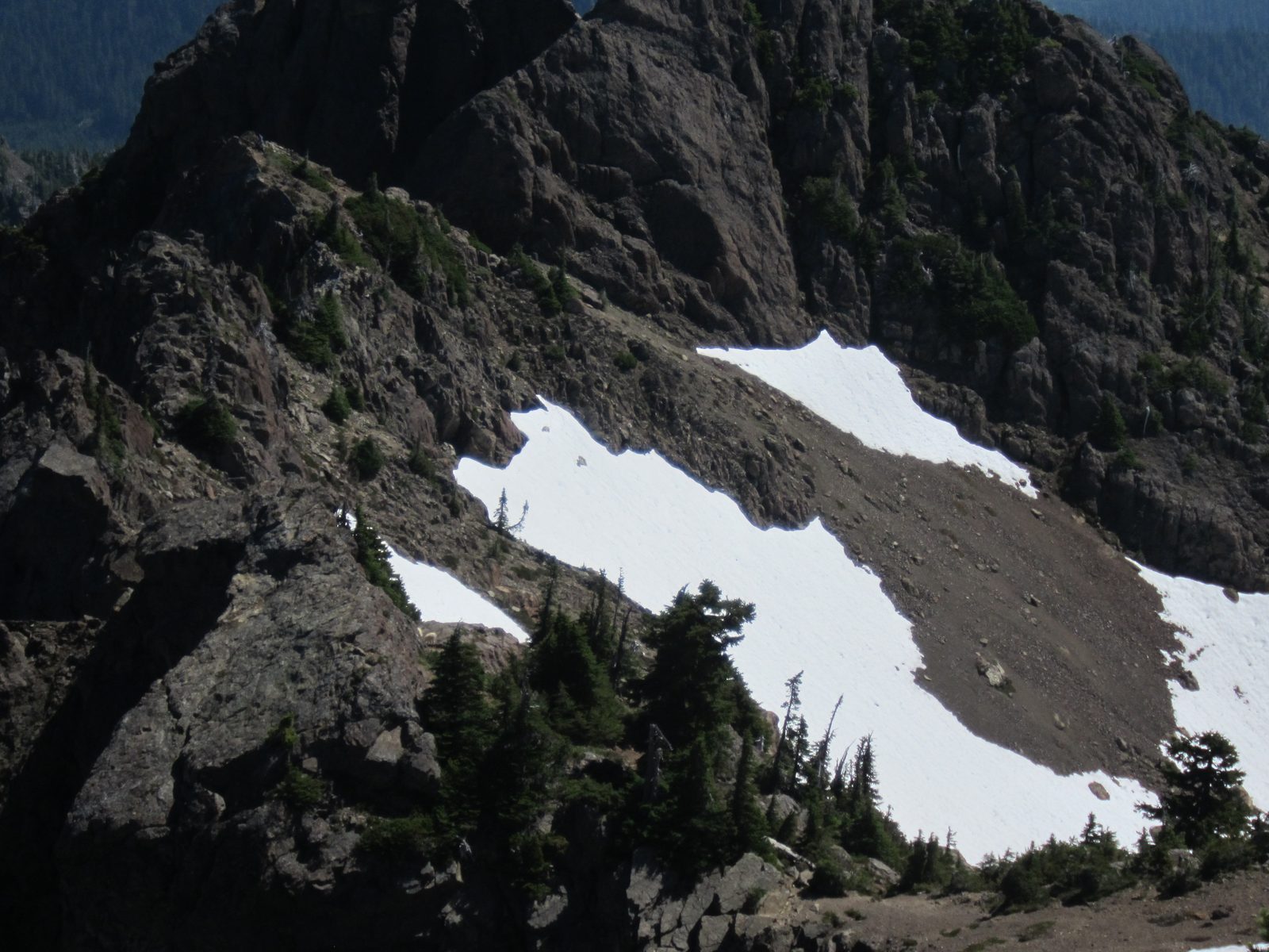 On that middle snowpatch are a couple of imperfections.  Those are goats -- three of them.