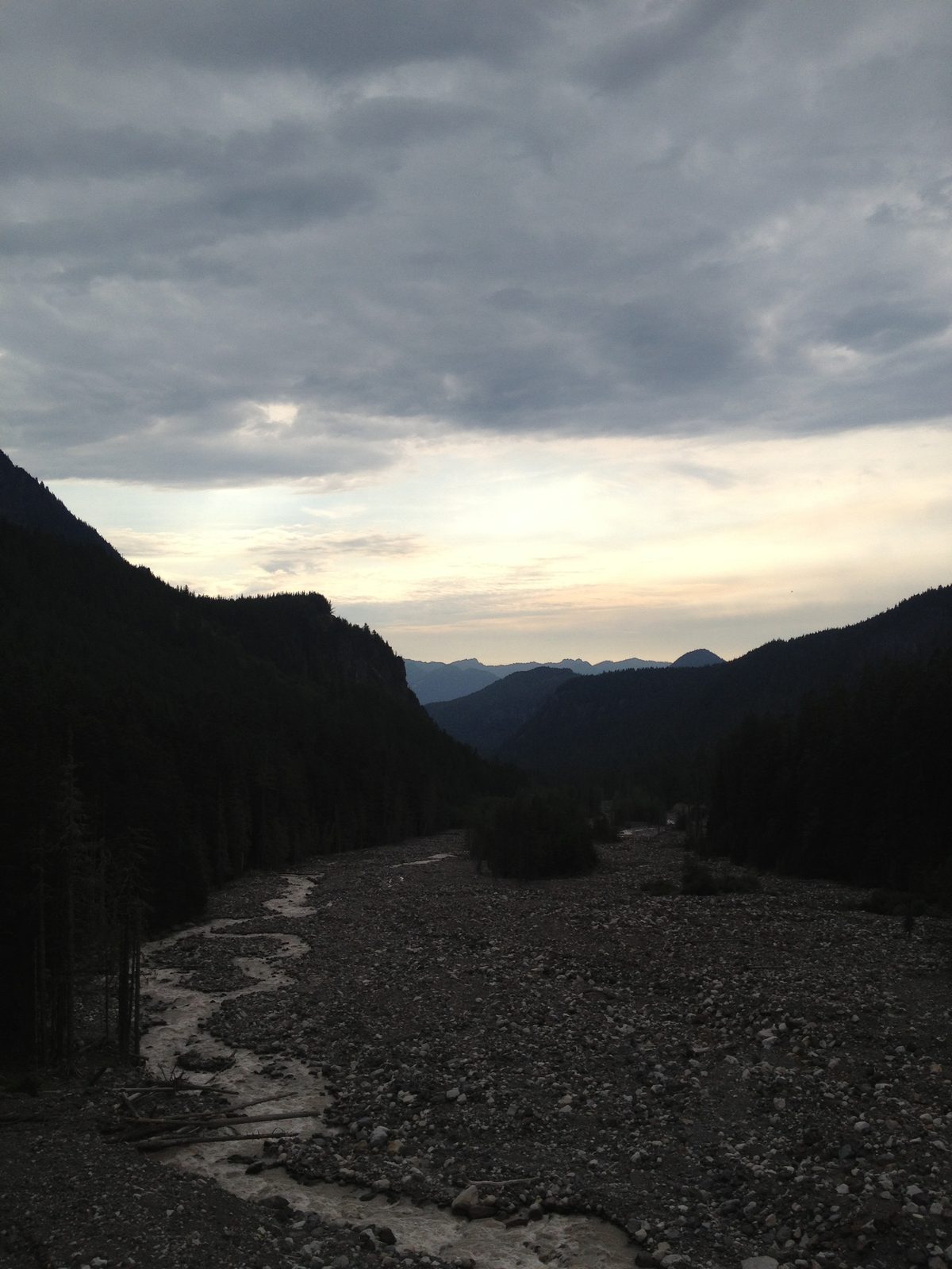 Looking down the Nisqually River from the Nisqually Glacier Bridge in Mount Rainier National...