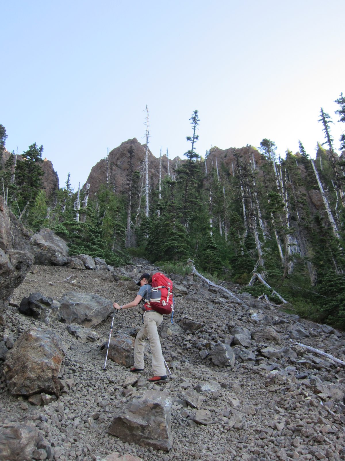Chrissy working up to the snack rock.  A lot of the trail was through scree fields like this; it...