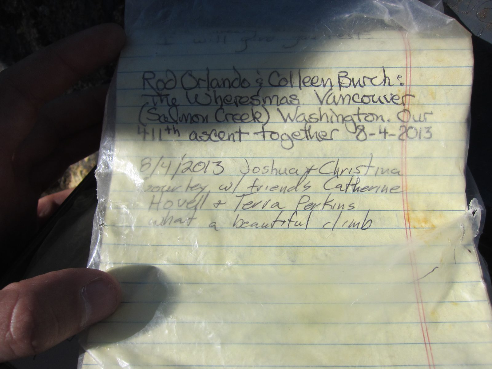 Josh filled it in for us. Note the couple ahead of us - 411th ascent together! They camped at...