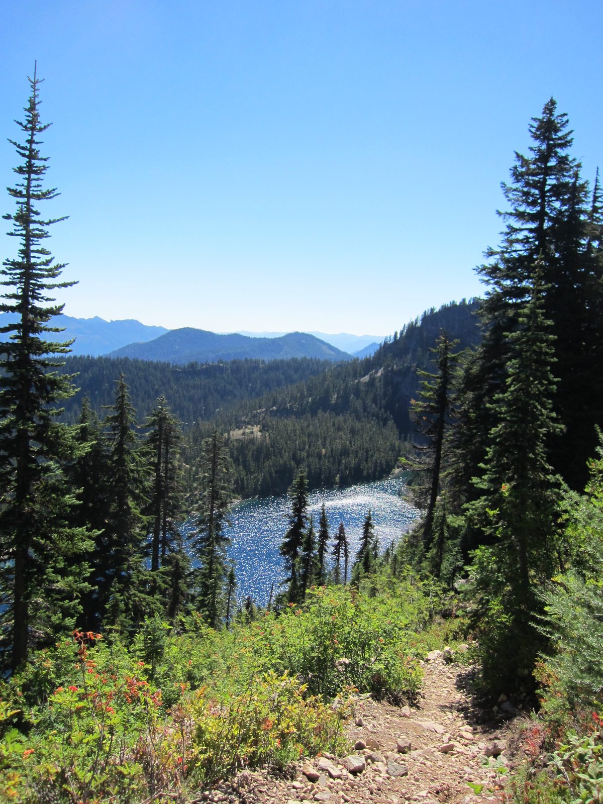 Path, lake, mountains.