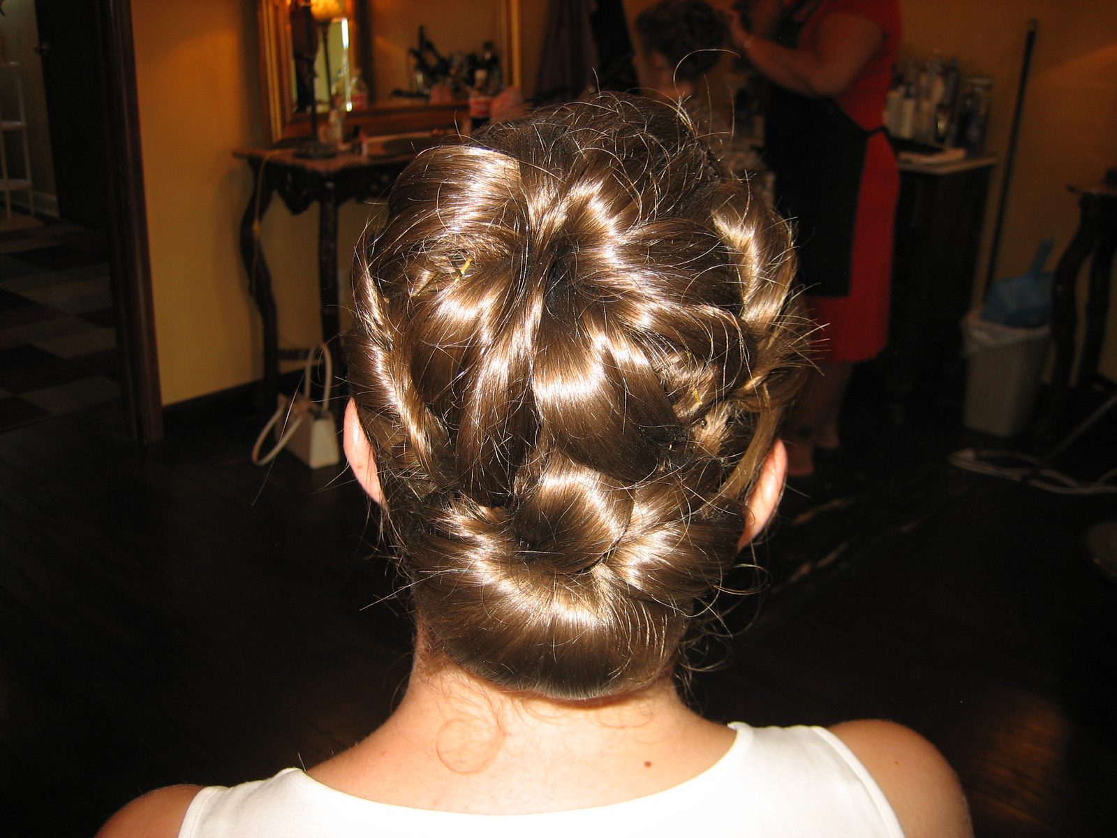 The back of Stef's updo.  It wasn't actually that fly-away-y.