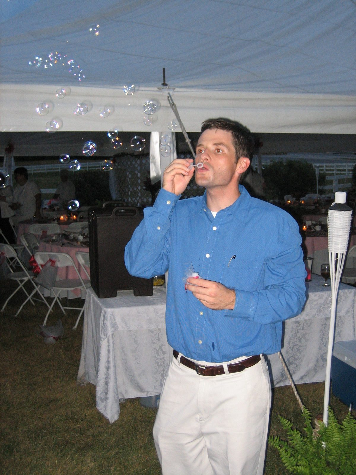 Jay blows bubbles in practice for the arrival of the departing Amber and Jason.