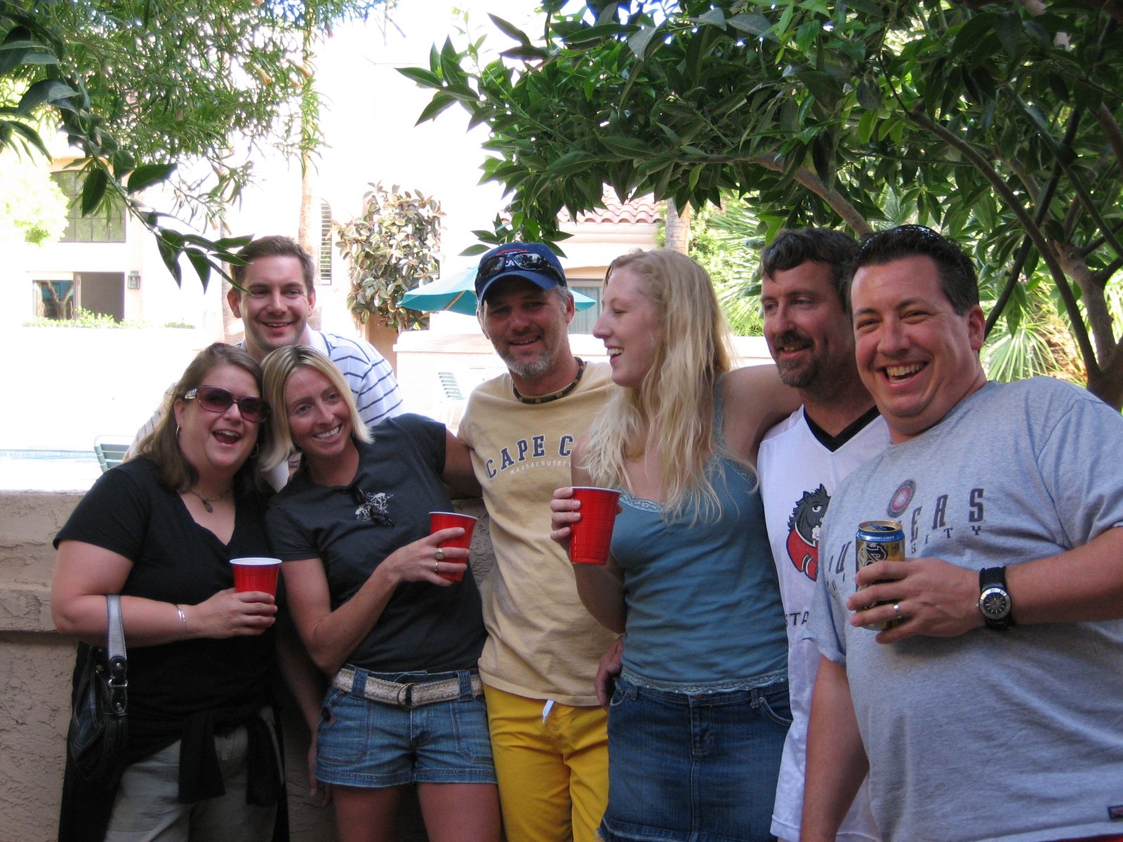 Saturday, maybe?  I don't know when.  On the back patio: Heather, Erin, Jim in back, Dan,...