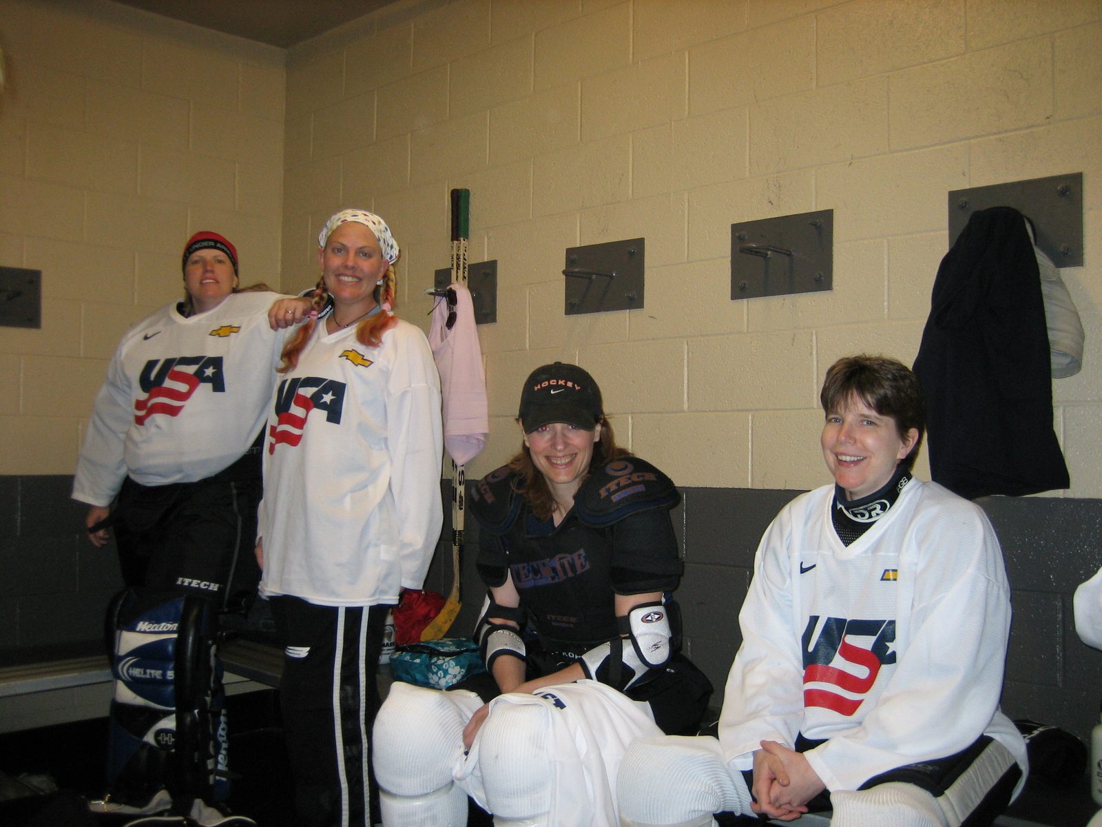 Locker room, pre-championship.  From left - Molly, Ginger, Laura, and Isabelle.