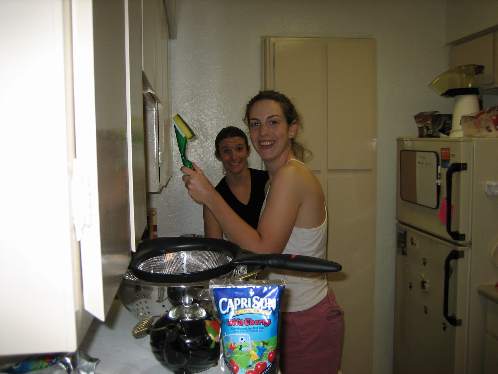 Laura and Katie in the kitchen, cleaning up