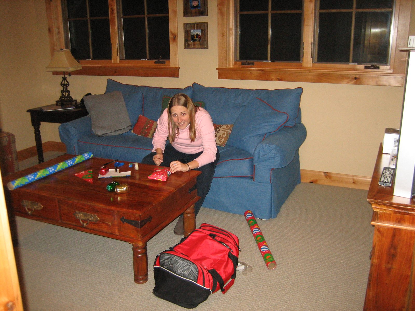 Catherine wrapping last-minute presents on Christmas Eve