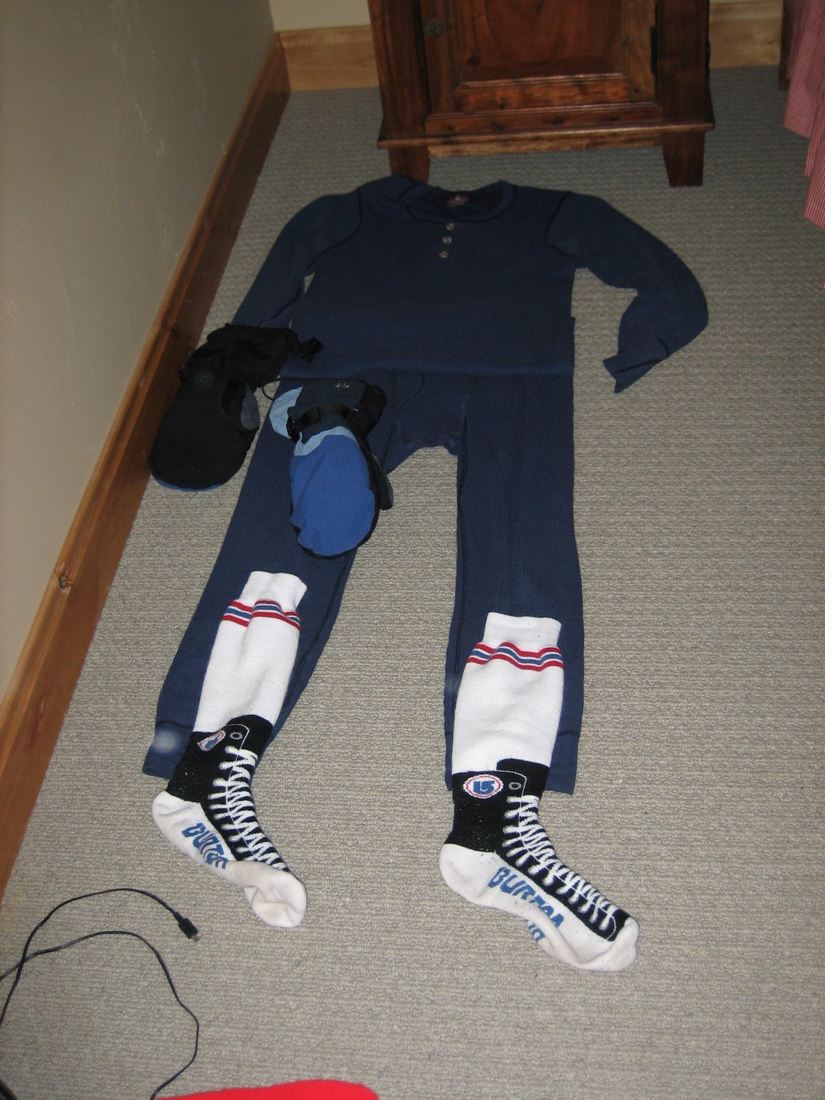 Jay's snow gear, laid out and ready to go